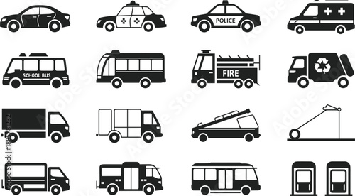 Cartoon urban service vehicle icon set with cars, trucks, buses, vans, crane, tow, and gas pump symbols.
