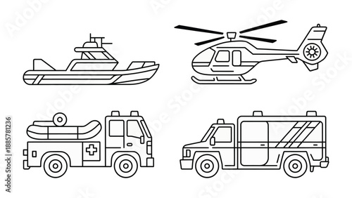 Emergency Vehicle Collection: A diverse compilation of emergency vehicles, including a rescue boat, helicopter, fire truck, and ambulance. Each vehicle is outlined.