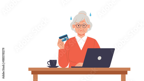 Distressed elderly woman with glasses, anxiously holding a credit card while attempting to use a laptop for online transactions.