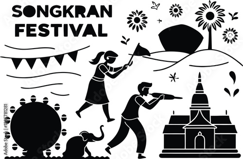 Songkran festival elements design set with people, temple, elephant, and water guns