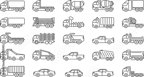 Cartoon vehicle icon set with trucks, construction vehicles, utility cars, and passenger sedans in black-and-white grid.