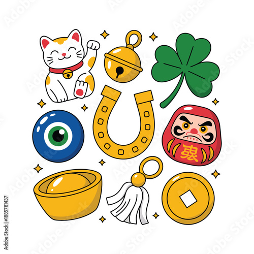 Lucky Symbols with Maneki Neko Horseshoe Clover Daruma and Coins on white background