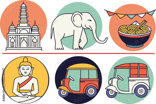 Collection of traditional thai culture elements icons with temple, elephant, and buddha