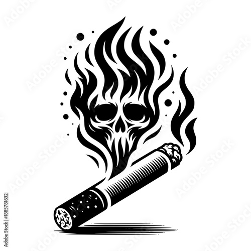 Smoking Hazard: A stark illustration of a cigarette with burning embers exhaling a skull-shaped smoke cloud, a bold visual representation of the detrimental effects of smoking.
