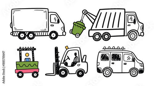 Transportation fleet sketch: A whimsical hand-drawn collection of vehicles includes a delivery truck, a trash truck, a forklift, and a small van.