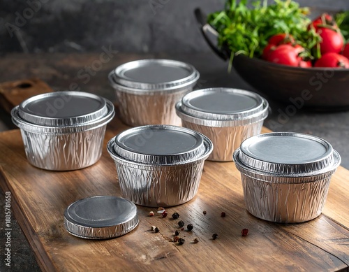 Aluminum Containers on Wooden Board with Spices.