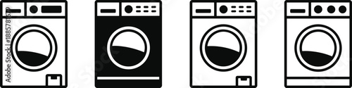 Front loading washing machine icons set in black and white silhouette style, modern laundry appliances, home equipment illustration collection