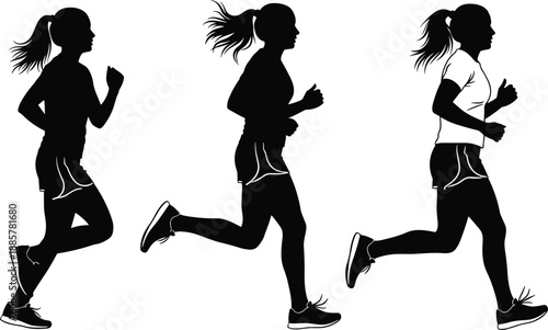 Black Silhouette Illustration of a Young Woman Jogging and Running in Three Different Athletic Poses Isolated on White Background for Fitness and Health Designs