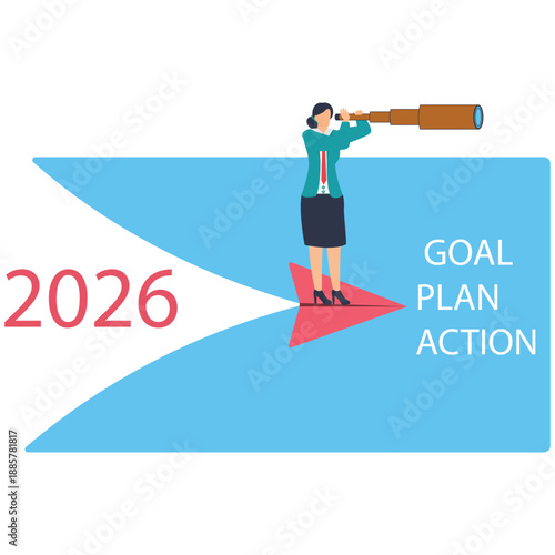 Businesswoman looking ahead to 2026 with goal plan and action