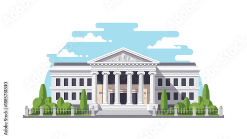 Grand classical building with prominent columns and an ornate pediment, featuring lush trees and a decorative fence in front.