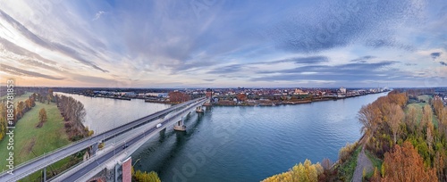 Symmetric aerial panorama of Rhine bridge Worms city
