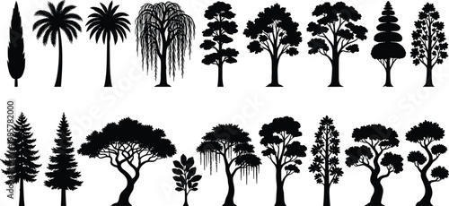 Diverse Black Tree Silhouette Collection Featuring Palm Willow Pine Cypress and Oak Species Isolated on White Background for Landscape Architecture and Nature Graphic Design