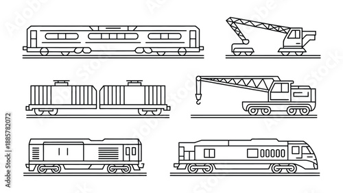 Rail Transportation Line Art: A detailed illustration of various rail transport vehicles, each showcasing unique features and design elements. Capturing the diverse elements of train transport