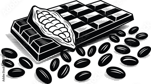 Chocolate bar with cocoa pod and beans, black and white engraving style illustration, sweet dessert food, vector