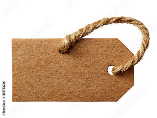 A close-up of a blank brown paper tag with a rustic rope Isolated Transparent Background, PNG