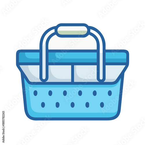 Stylized blue shopping basket icon, isolated on black background with white accents