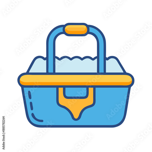 Vector illustration of blue laundry basket with handle and light blue clothes