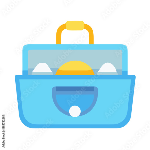 Stylized light blue lunchbox with white eggs and yellow sun illustration