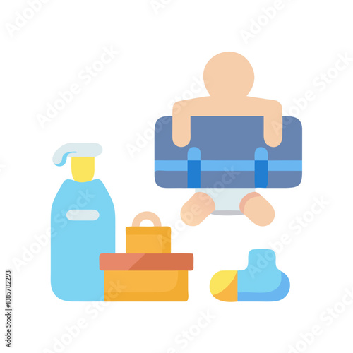 Baby essentials: flat design illustration of a baby with various supplies, isolated.