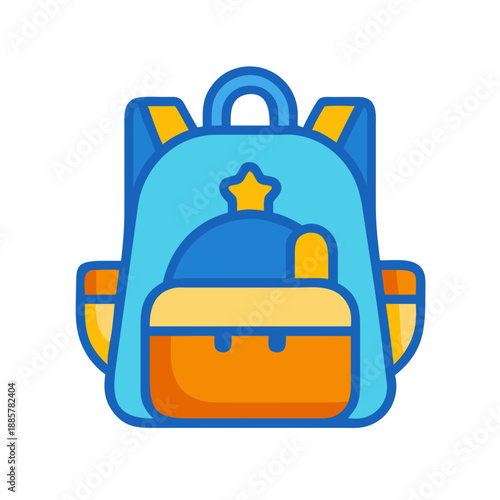 Blue and yellow backpack with star detail isolated on black background