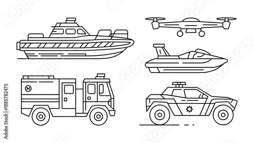 Array of Transportation: A collection of various transportation vehicles. From boat to car, and more. Illustrated in line art.