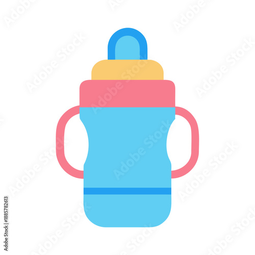 Modern minimalist baby bottle illustration with handles on a black backdrop