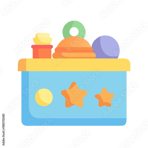 Flat illustration of a blue toy box filled with colorful educational objects