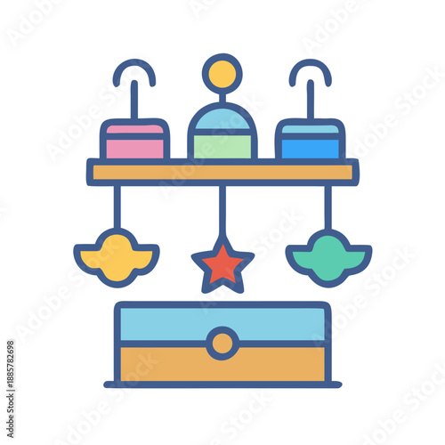 Colorful graphic of a baby mobile toy set with various shapes and colors