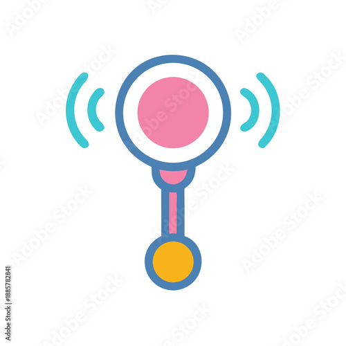 Stylized baby rattle illustration with concentric circles and vibrant color palette