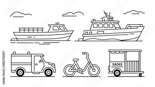 Streamlined Transport: A clean-lined illustration showcases a diverse array of transportation methods, ranging from boats to a bicycle, highlighting the simplicity of travel.