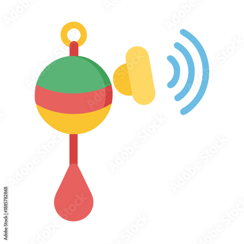 Colorful baby rattle with sound waves illustration on black background design