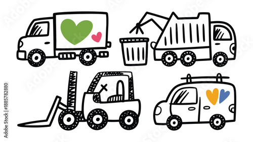 Vehicular Serenade: An enchanting vector collection showcasing various vehicles each adorned with delightful heart motifs, symbolizing themes of care, transport, and community.