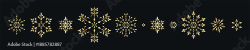 Gold Christmas snowflakes border on black background, luxury winter holiday banner, golden star ornament wave, elegant New Year greeting card decoration, vector festive design element