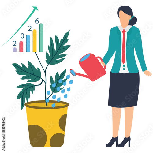 Businesswoman nurturing growth with watering can and rising graph