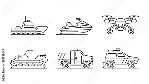 Fleet of Modern Transportation: A set of six modern transport illustrations, showcasing a variety of vehicles ready to conquer any terrain, from water to air.