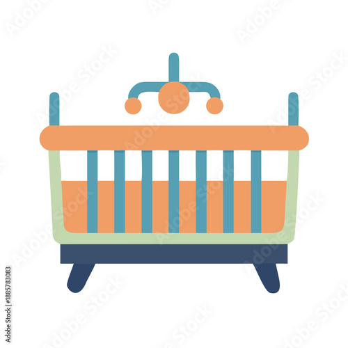 Baby Crib Illustration with Hanging Mobile in Flat Style for Nursery Design