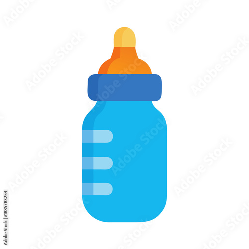 Isolated illustration of a blue baby bottle on black background in flat style