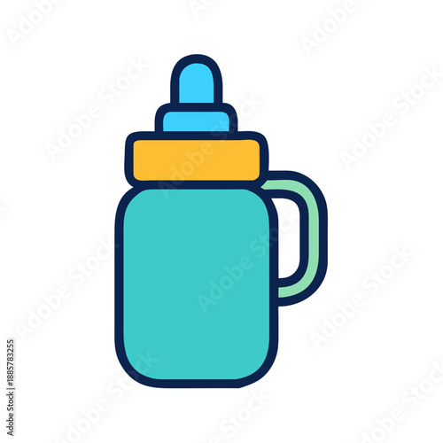 Cute teal baby bottle with a handle and blue cap on black