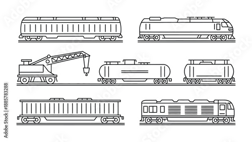 Train Car Assortment: A detailed illustration showcases various train cars, each designed for specific cargo or function, presented in a clean, minimalist style.