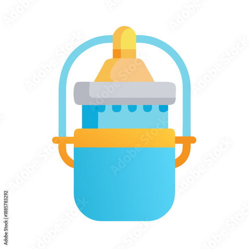 Stylized blue water bucket with golden handle on black background, flat illustration