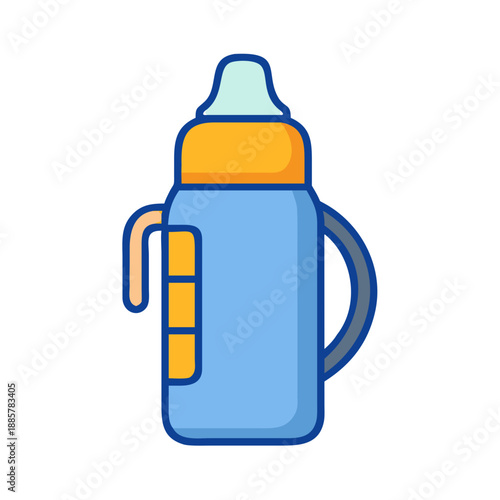 Baby bottle with handles in a flat vector style over black background