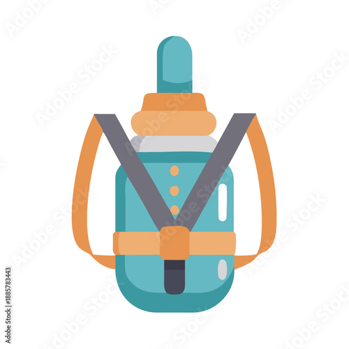Stylized teal water bottle with straps, isolated on black background, vector illustration