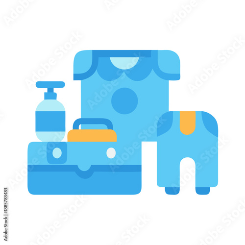Stylized flat vector icon set of baby clothing and accessories on black