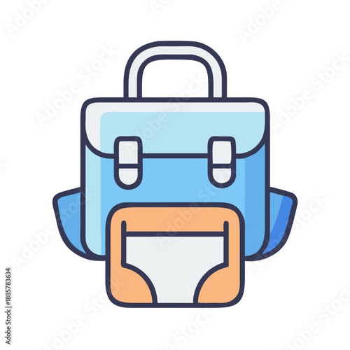 Blue and peach flat illustration of a school backpack on a black background