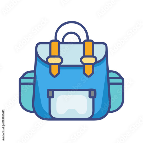 Stylized blue backpack illustration against a black background, suitable for travel themes