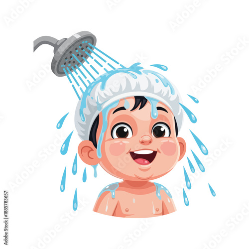 Happy child enjoying a shower bath time routine illustration