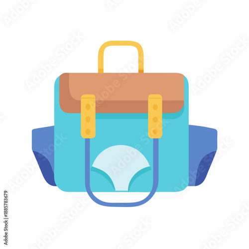 Stylized light blue backpack with brown flap and yellow accents on black background