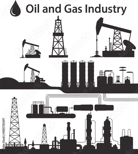 Oil and gas industry silhouette, refinery plant, drilling rig, pumpjack, pipeline infrastructure, petroleum production, energy extraction illustration, vector