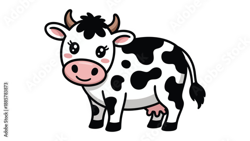 Cute Cartoon Cow Illustration: A cheerful cartoon cow with a distinct black and white pattern stands confidently, radiating innocence and playfulness, bringing a touch of farm life charm