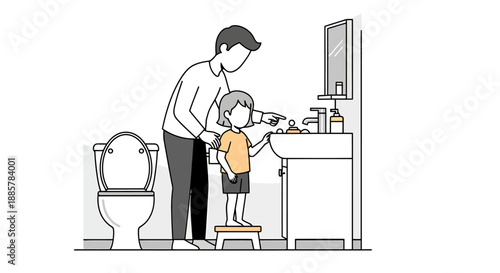 Father Helping Young Child Wash Hands Using Soap And Water At Bathroom Sink For Hygiene And Cleanliness
